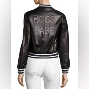 Alice + Olivia Demia Boss Babe Leather Black Bomber Jacket Small